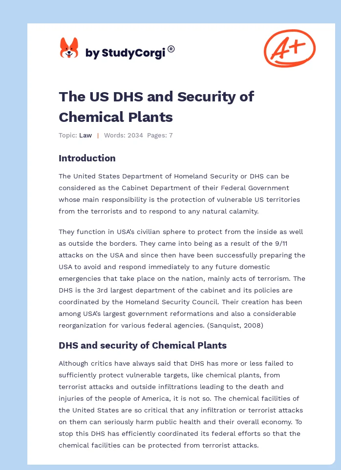 The US DHS and Security of Chemical Plants. Page 1
