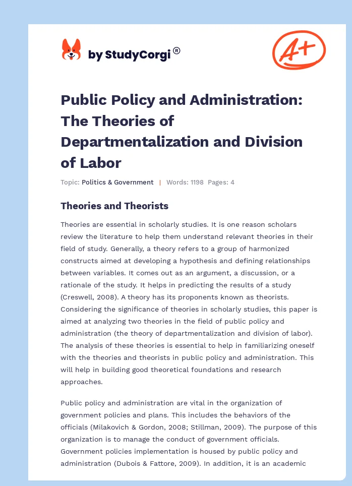 Public Policy and Administration: The Theories of Departmentalization and Division of Labor. Page 1