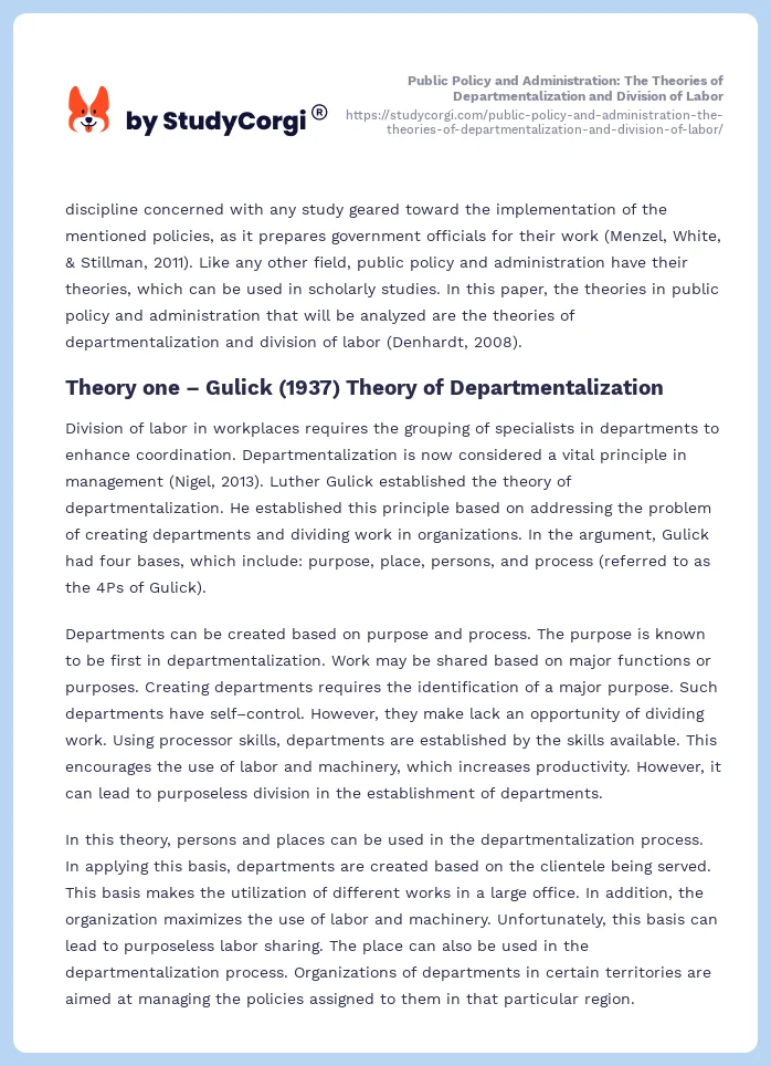 Public Policy and Administration: The Theories of Departmentalization and Division of Labor. Page 2