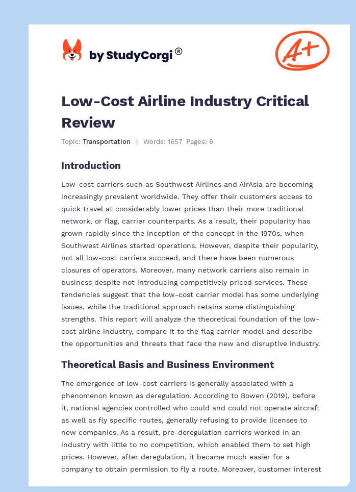 Low-Cost Airline Industry Critical Review. Page 1