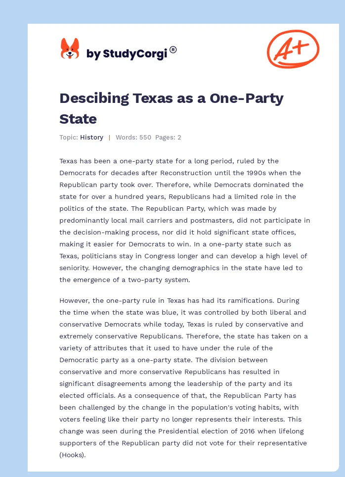 Descibing Texas as a One-Party State. Page 1