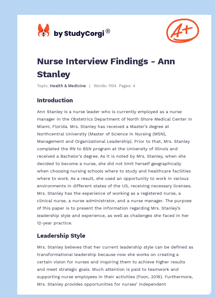 Nurse Interview Findings - Ann Stanley. Page 1