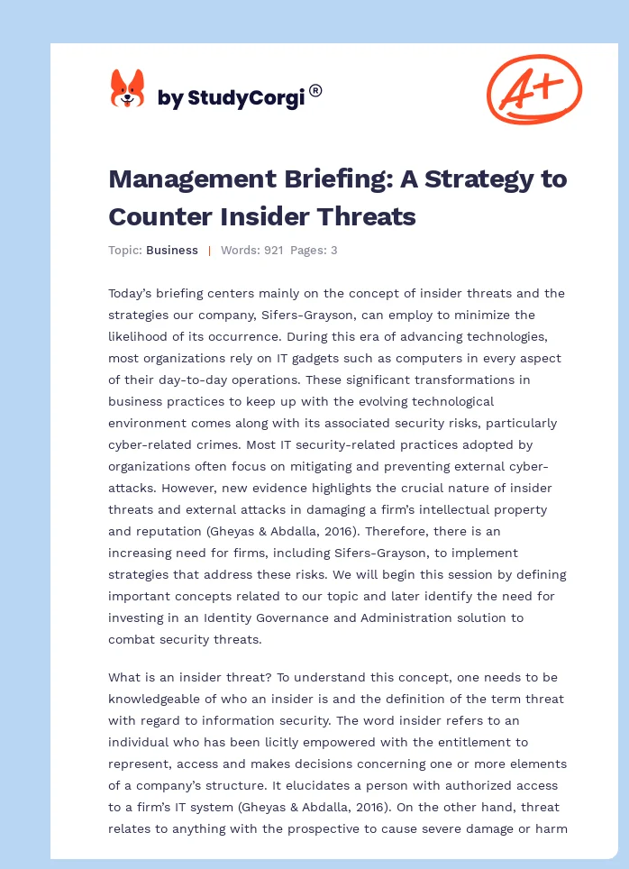 Management Briefing: A Strategy to Counter Insider Threats. Page 1