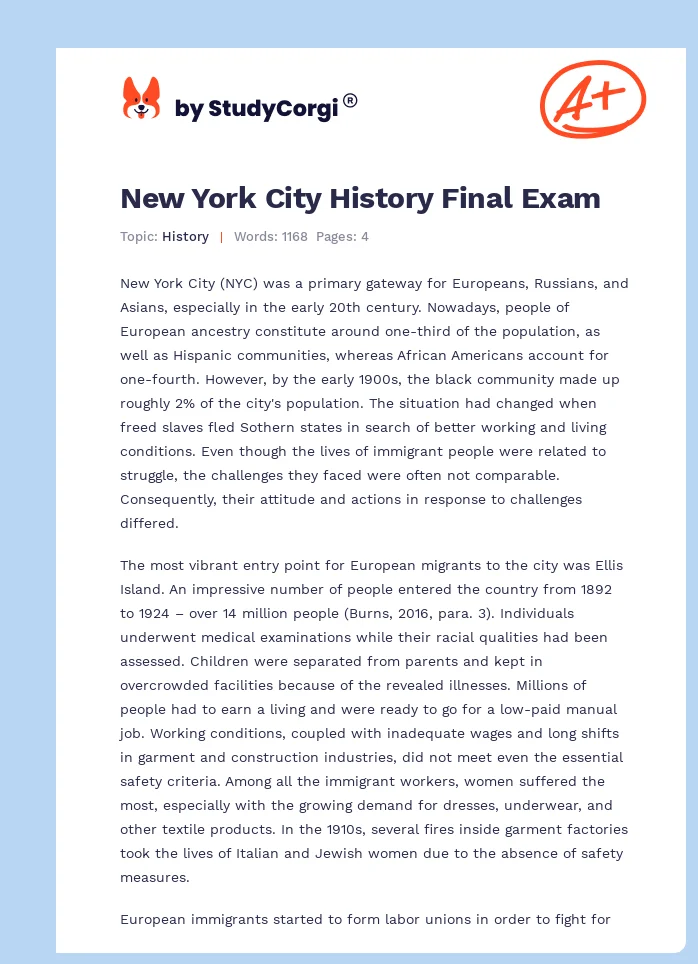New York City History Final Exam. Page 1