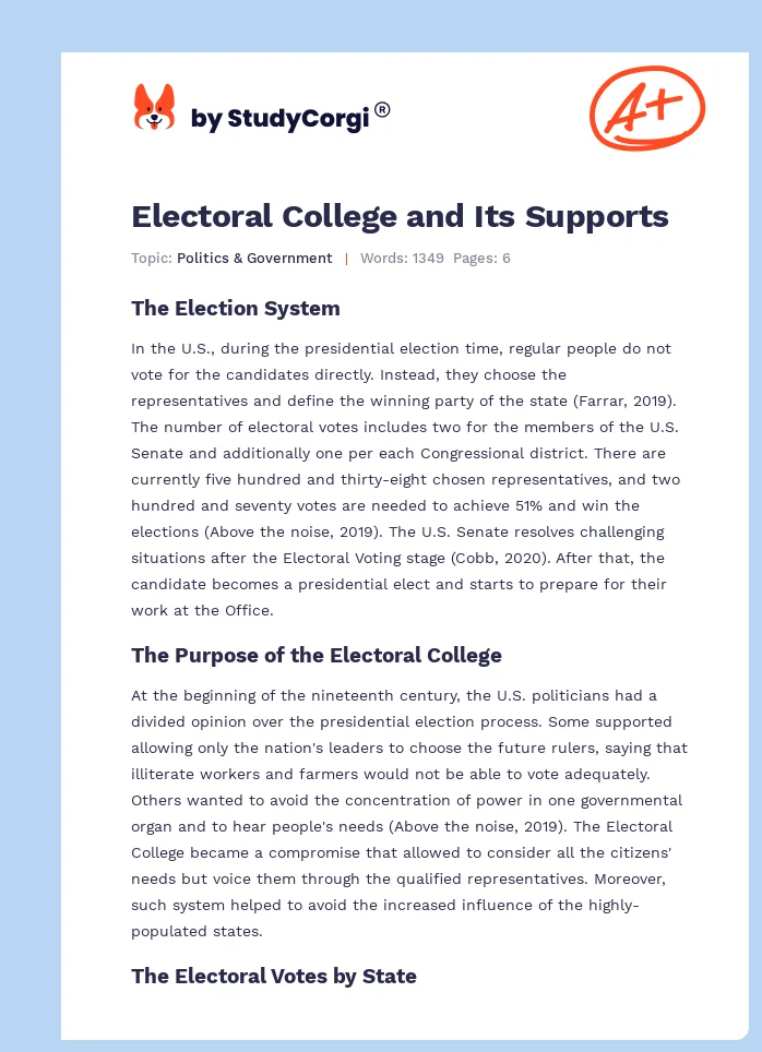 Electoral College and Its Supports. Page 1