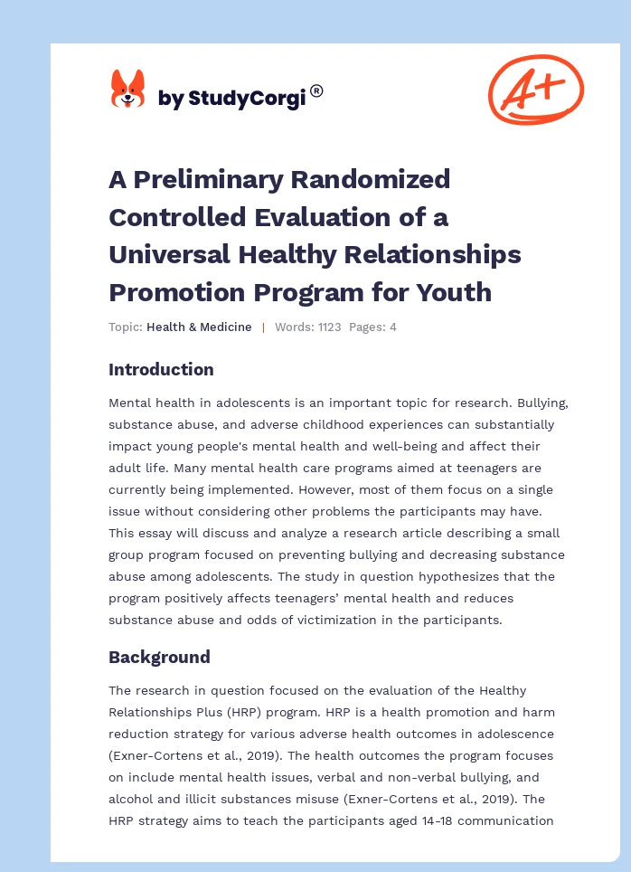 A Preliminary Randomized Controlled Evaluation of a Universal Healthy Relationships Promotion Program for Youth. Page 1