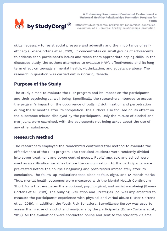A Preliminary Randomized Controlled Evaluation of a Universal Healthy Relationships Promotion Program for Youth. Page 2