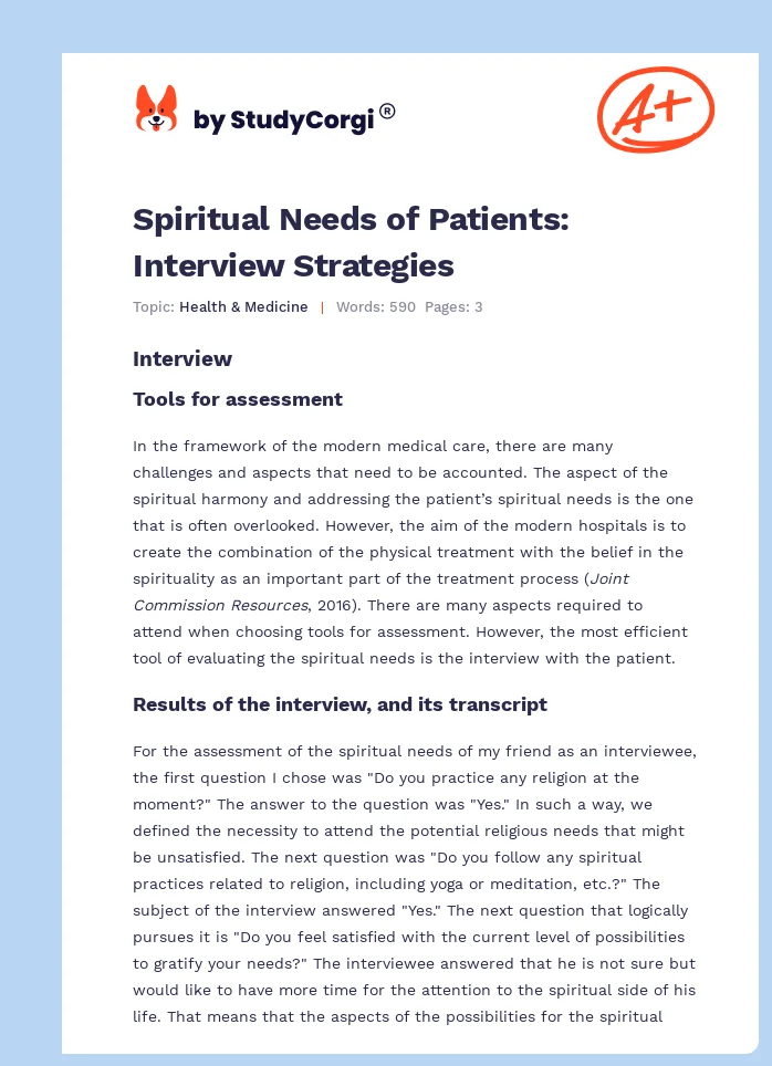 Spiritual Needs of Patients: Interview Strategies. Page 1