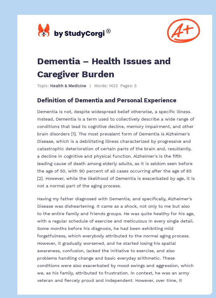 Dementia – Health Issues and Caregiver Burden. Page 1