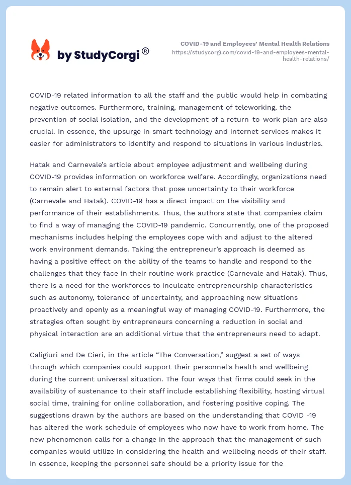 COVID-19 and Employees’ Mental Health Relations. Page 2