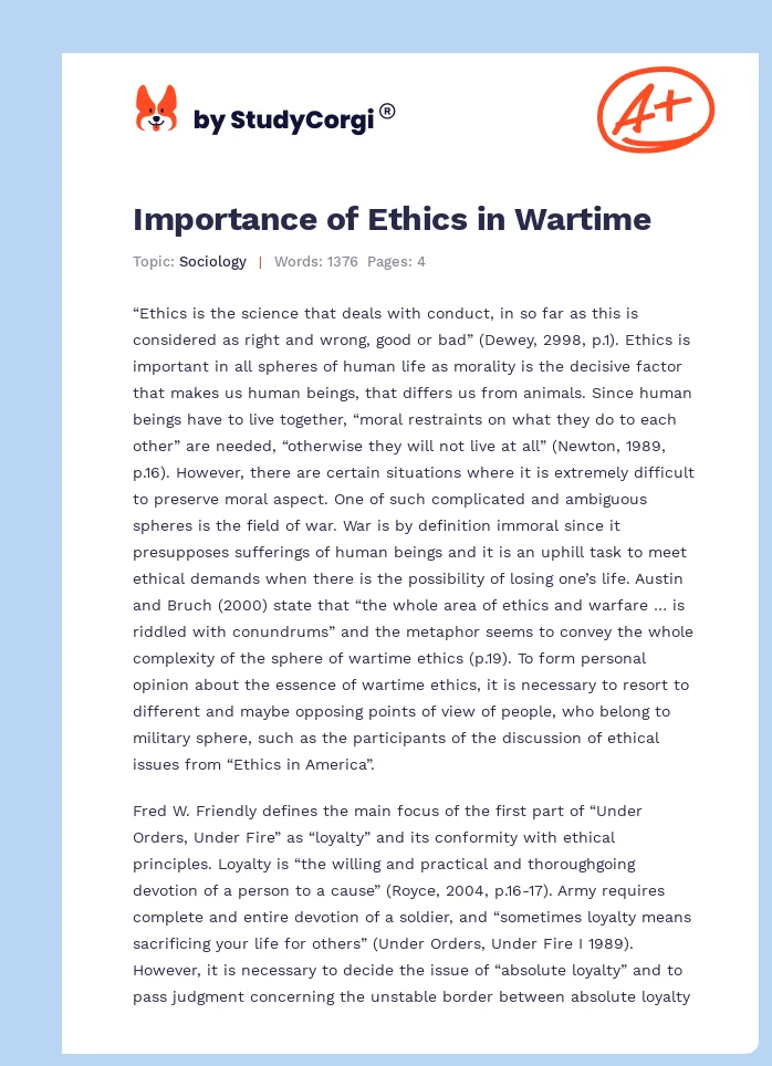 Importance of Ethics in Wartime. Page 1