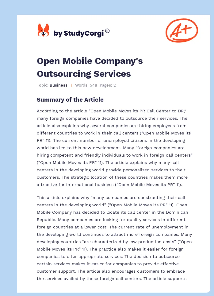 Open Mobile Company's Outsourcing Services. Page 1