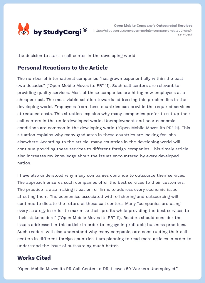 Open Mobile Company's Outsourcing Services. Page 2