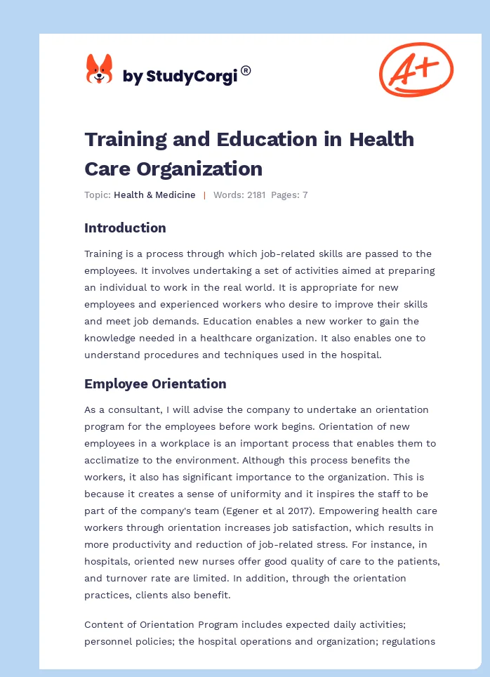 Training and Education in Health Care Organization. Page 1