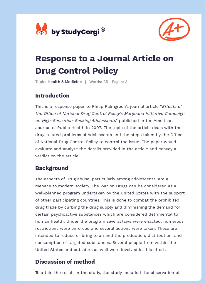 Response to a Journal Article on Drug Control Policy. Page 1