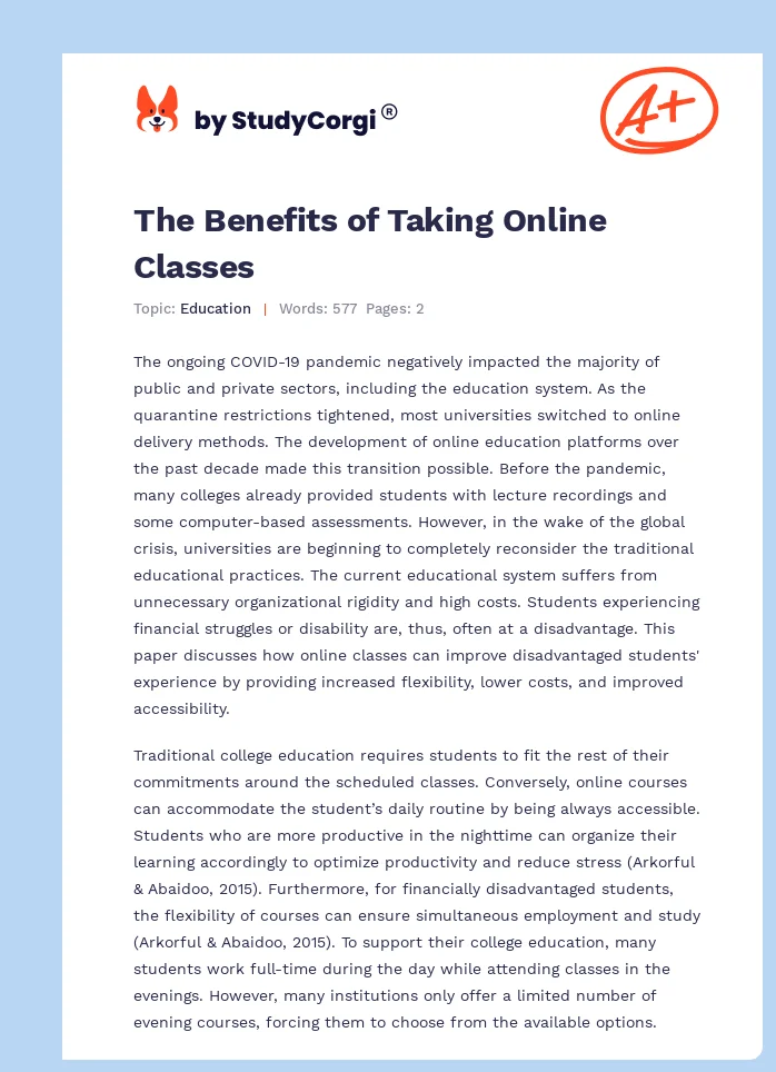 The Benefits of Taking Online Classes. Page 1