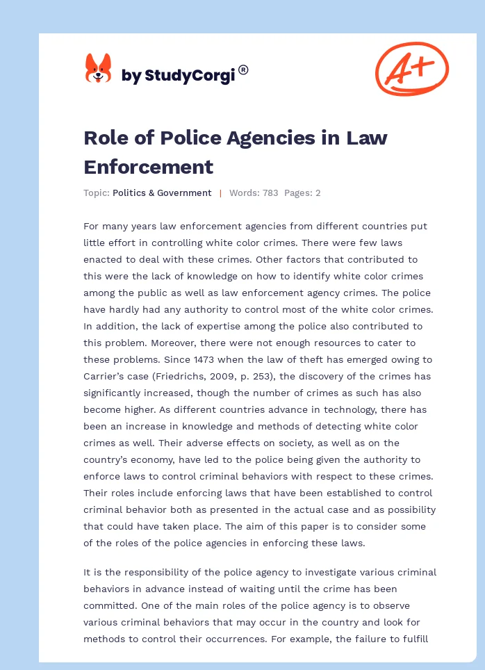 Role of Police Agencies in Law Enforcement. Page 1