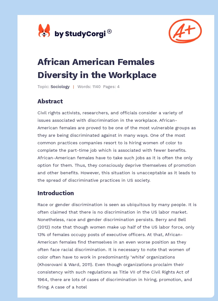 African American Females Diversity in the Workplace. Page 1