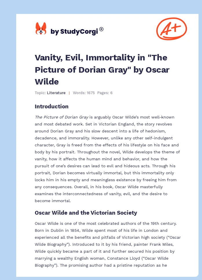 Vanity, Evil, Immortality in "The Picture of Dorian Gray" by Oscar Wilde. Page 1