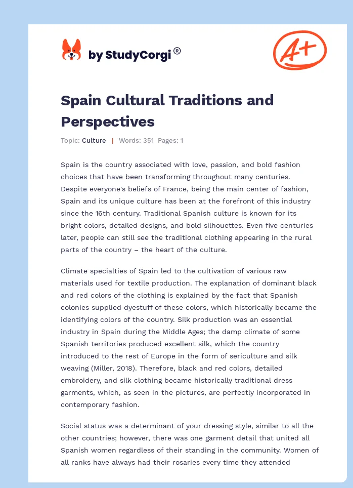 Spain Cultural Traditions and Perspectives. Page 1