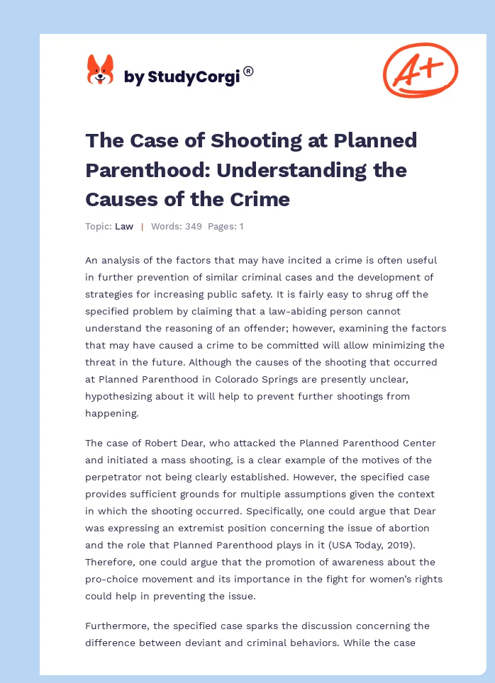 The Case of Shooting at Planned Parenthood: Understanding the Causes of the Crime. Page 1
