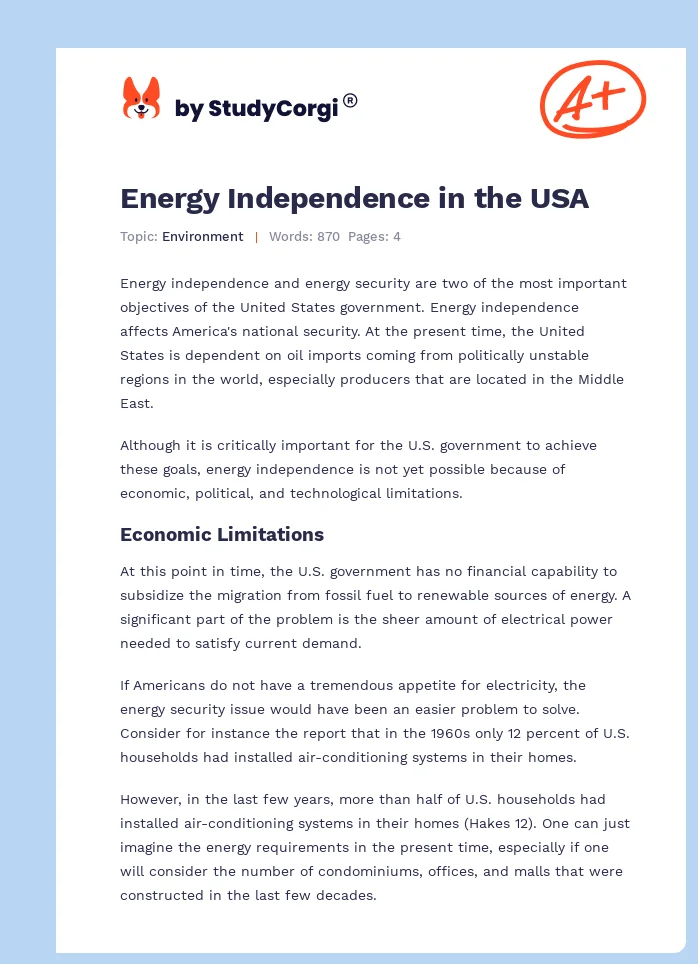 Energy Independence in the USA. Page 1