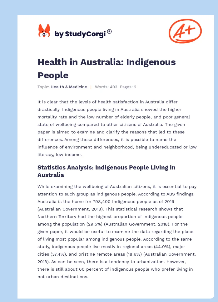 Health in Australia: Indigenous People. Page 1