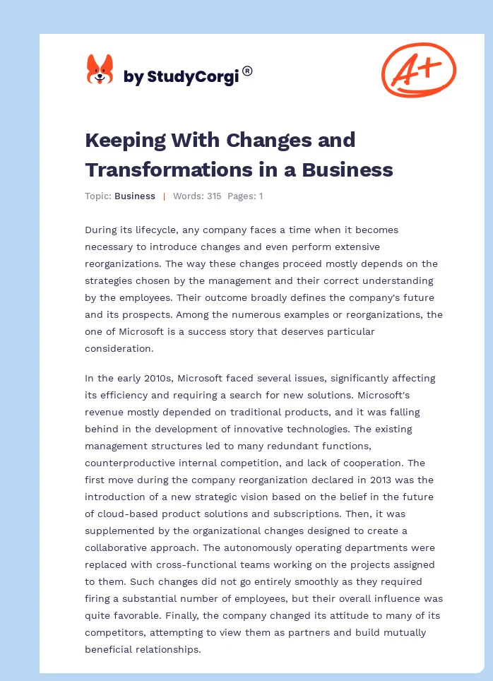 Keeping With Changes and Transformations in a Business. Page 1