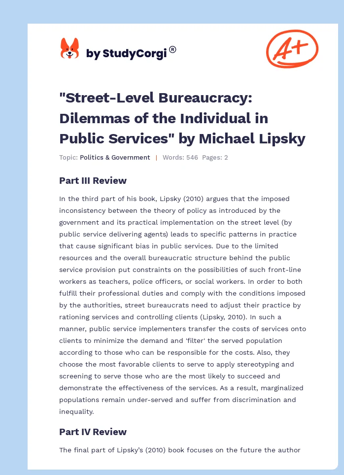 "Street-Level Bureaucracy: Dilemmas of the Individual in Public Services" by Michael Lipsky. Page 1