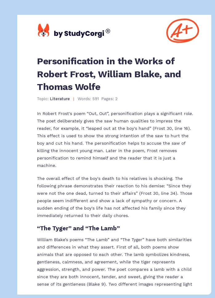 Personification in the Works of Robert Frost, William Blake, and Thomas Wolfe. Page 1