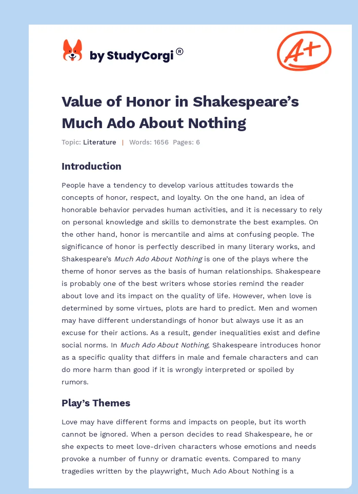 Value of Honor in Shakespeare’s Much Ado About Nothing. Page 1