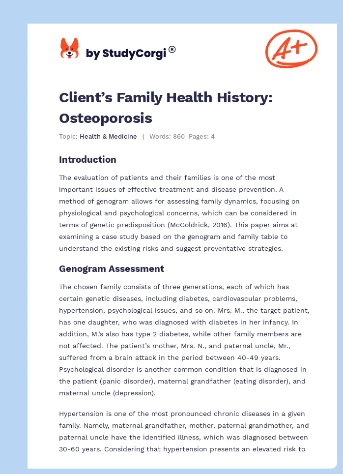 Client’s Family Health History: Osteoporosis. Page 1