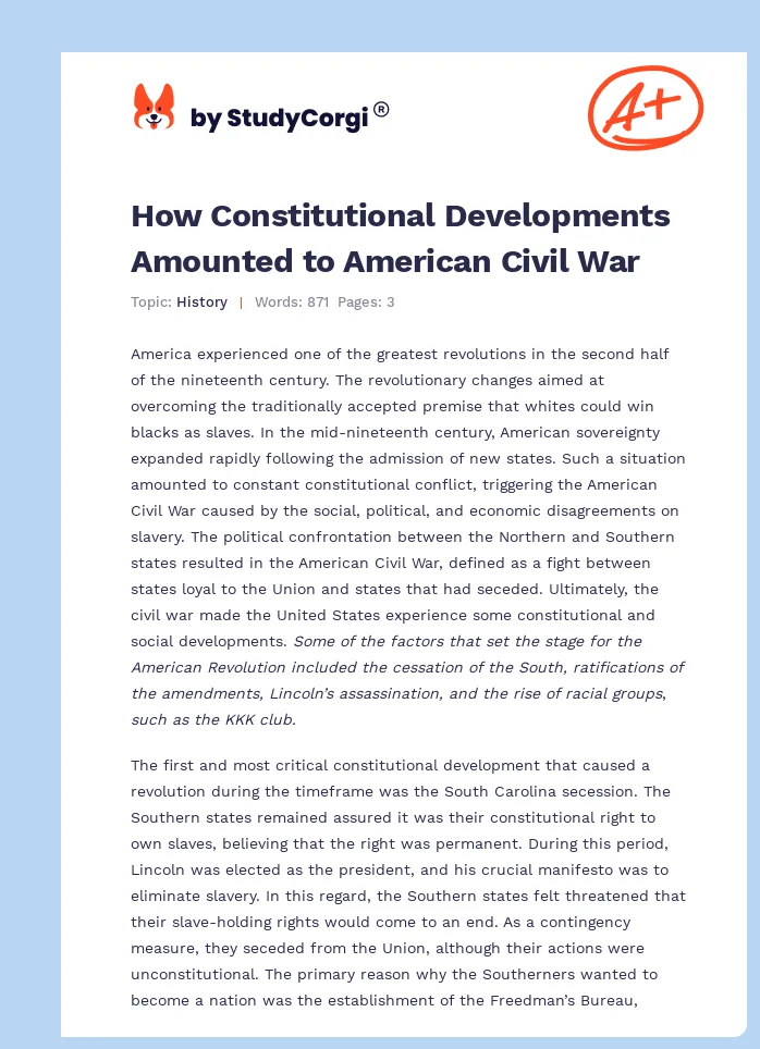 How Constitutional Developments Amounted to American Civil War. Page 1