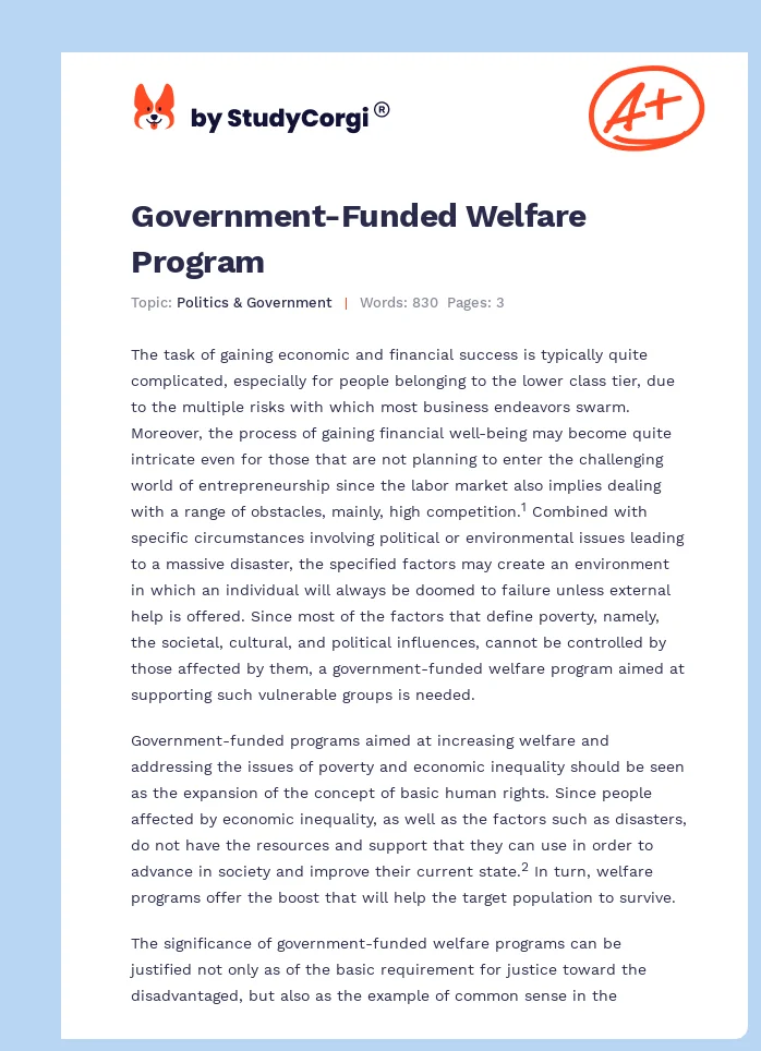 Government-Funded Welfare Program. Page 1