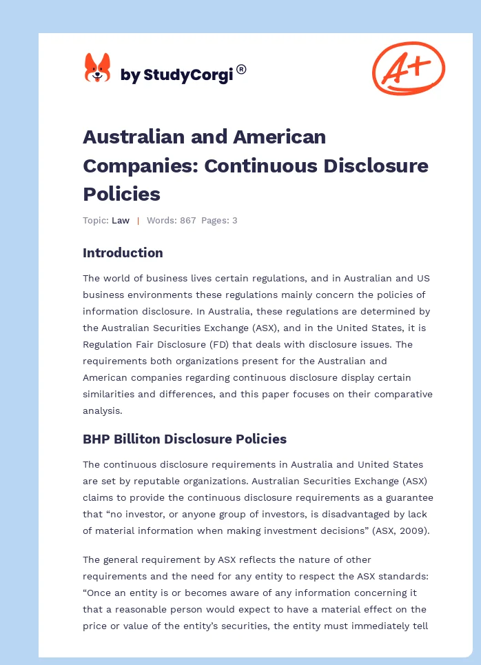 Australian and American Companies: Continuous Disclosure Policies. Page 1