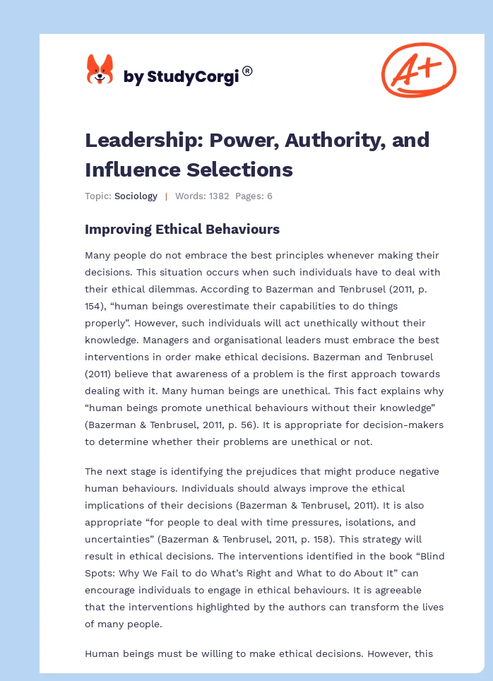 Leadership: Power, Authority, and Influence Selections. Page 1