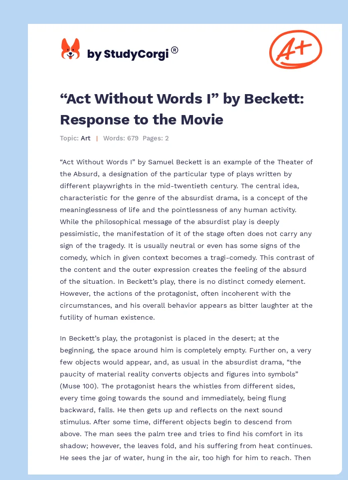 “Act Without Words I” by Beckett: Response to the Movie. Page 1