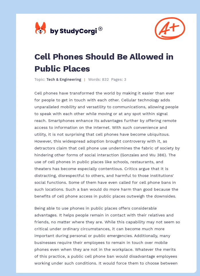 Cell Phones Should Be Allowed in Public Places. Page 1