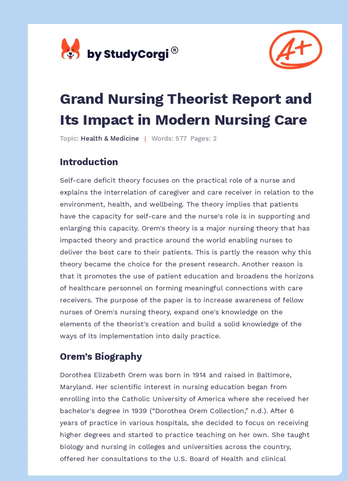 Grand Nursing Theorist Report and Its Impact in Modern Nursing Care. Page 1