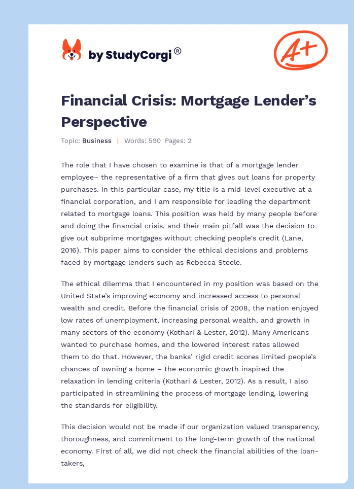 Financial Crisis: Mortgage Lender’s Perspective. Page 1
