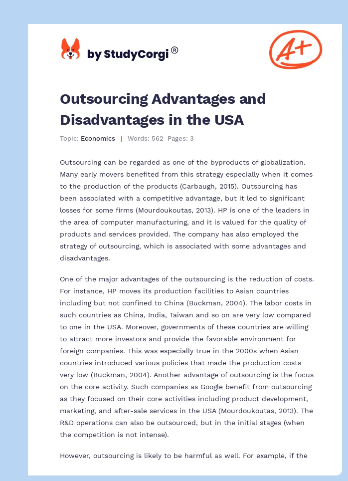 Outsourcing Advantages and Disadvantages in the USA. Page 1