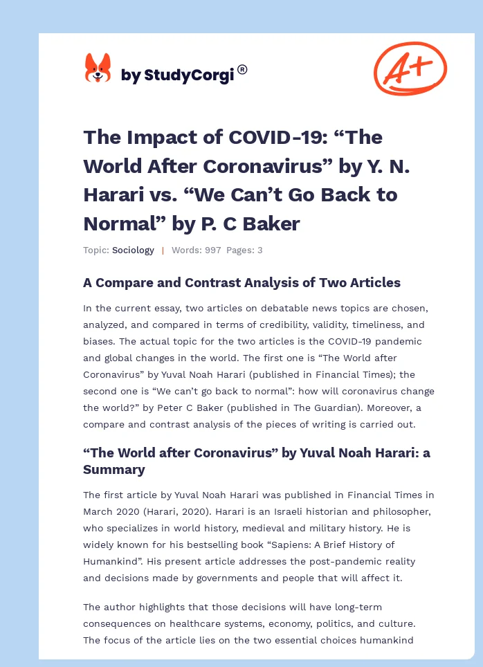 The Impact of COVID-19: “The World After Coronavirus” by Y. N. Harari vs. “We Can’t Go Back to Normal” by P. C Baker. Page 1