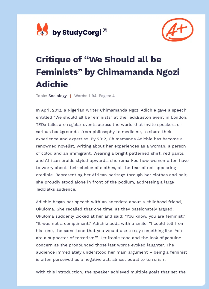 Critique of “We Should all be Feminists” by Chimamanda Ngozi Adichie. Page 1