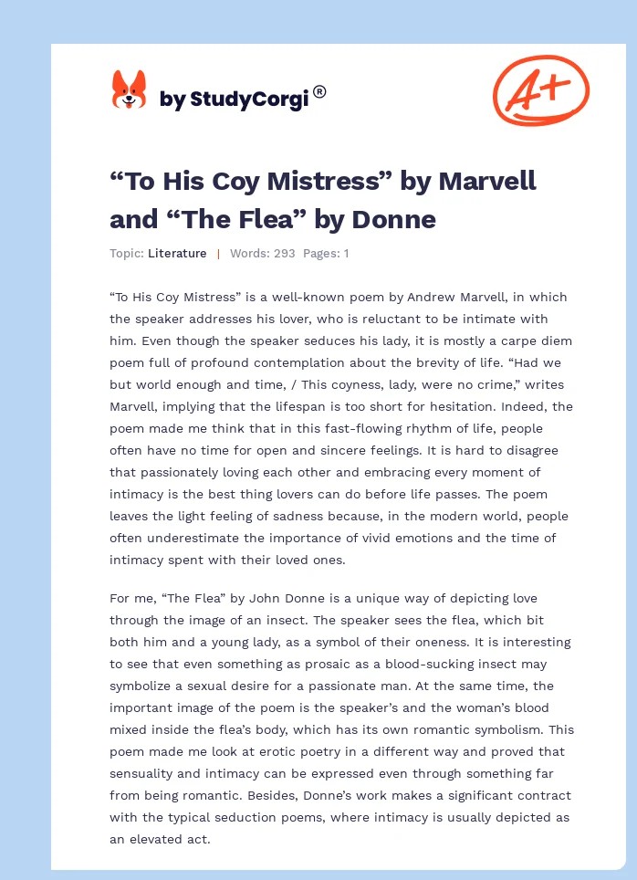 “To His Coy Mistress” by Marvell and “The Flea” by Donne. Page 1
