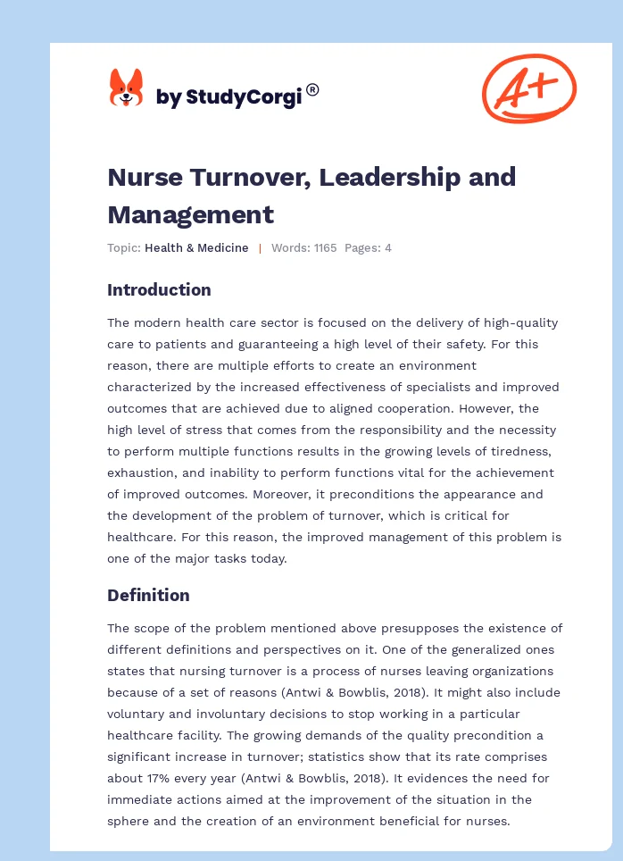 Nurse Turnover, Leadership and Management. Page 1