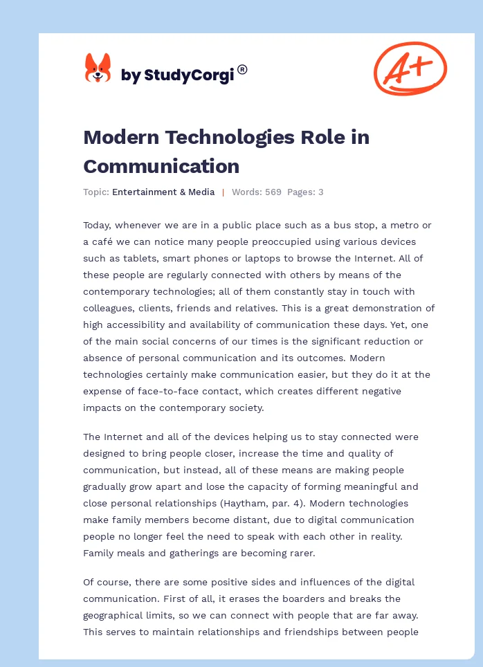 Modern Technologies Role in Communication. Page 1