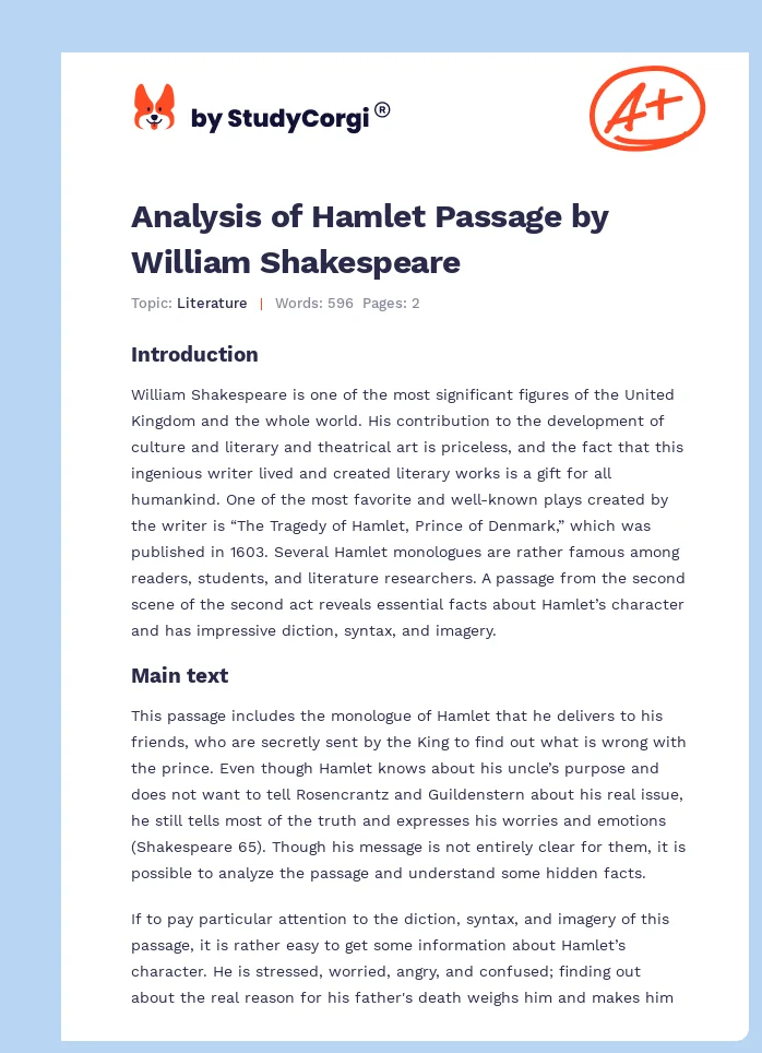 Analysis of Hamlet Passage by William Shakespeare. Page 1