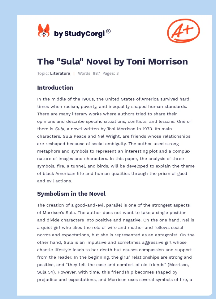 The "Sula" Novel by Toni Morrison. Page 1