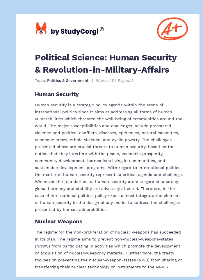 Political Science: Human Security & Revolution-in-Military-Affairs. Page 1