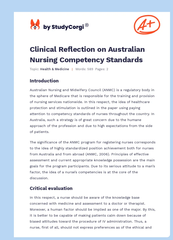 Clinical Reflection on Australian Nursing Competency Standards. Page 1